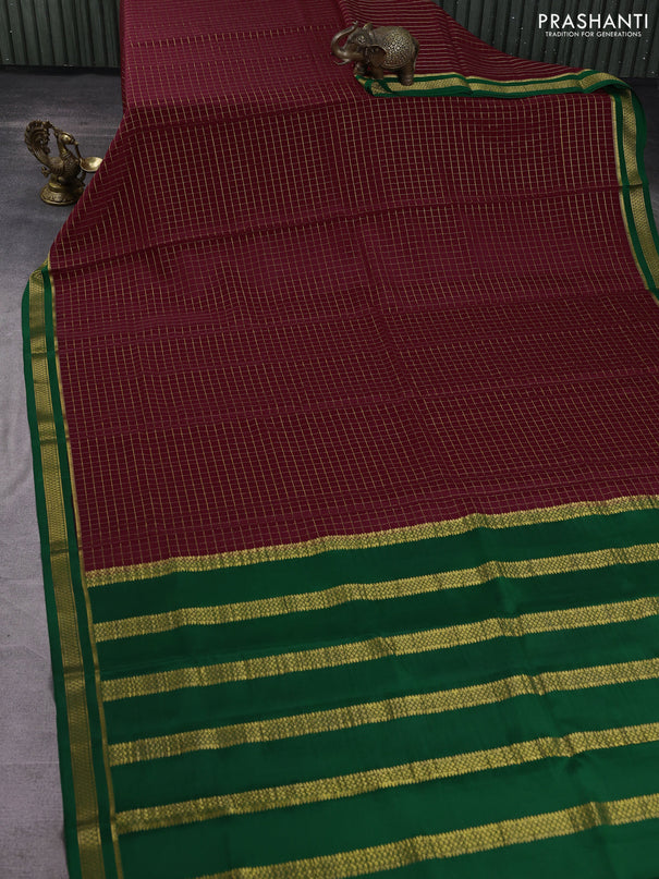 Pure mysore silk saree deep maroon and green with allover zari woven checked pattern and zari woven border