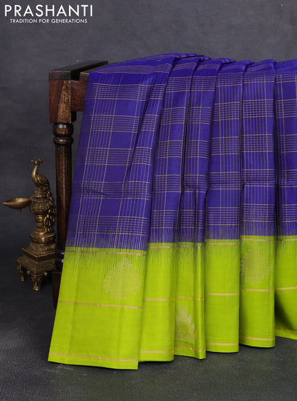 Pure soft silk saree blue and light green with allover zari woven checked pattern and long zari woven border