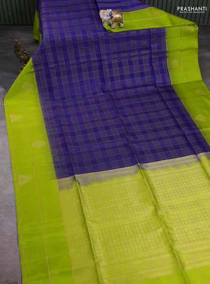 Pure soft silk saree blue and light green with allover zari woven checked pattern and long zari woven border