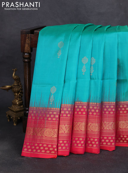 Pure soft silk saree teal blue and pink with zari woven buttas and long zari woven border