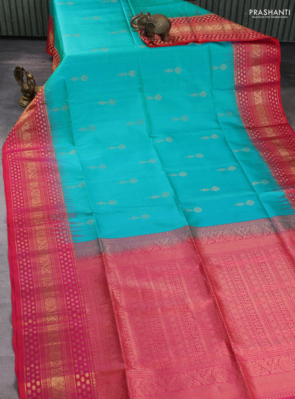 Pure soft silk saree teal blue and pink with zari woven buttas and long zari woven border