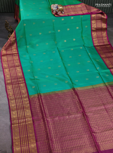 Pure soft silk saree teal green and purple with zari woven buttas and zari woven border