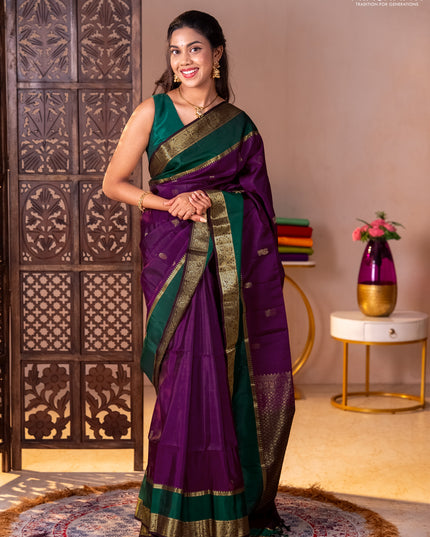 Pure soft silk saree purple and coffee brown green with zari woven buttas and rettepet zari woven border