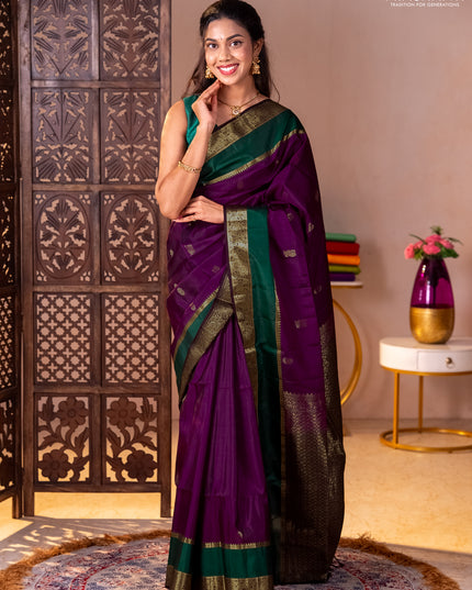 Pure soft silk saree purple and coffee brown green with zari woven buttas and rettepet zari woven border