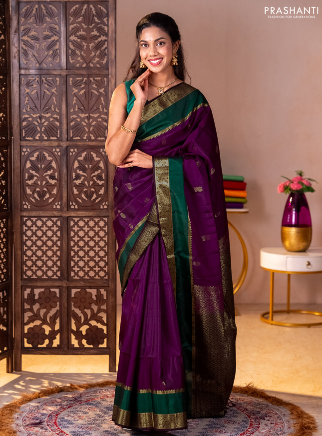 Pure soft silk saree purple and coffee brown green with zari woven buttas and rettepet zari woven border