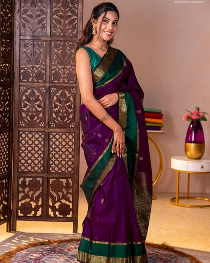 Pure soft silk saree purple and coffee brown green with zari woven buttas and rettepet zari woven border