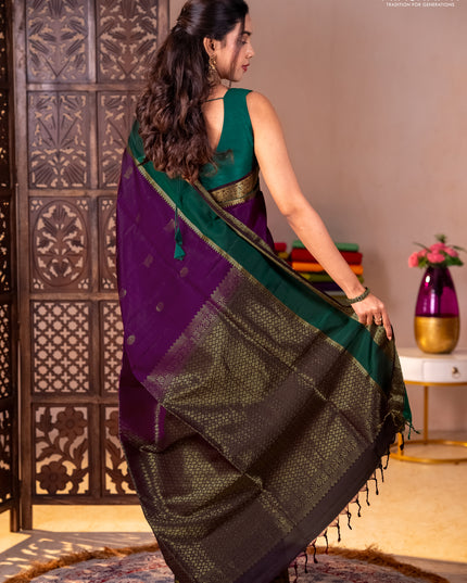 Pure soft silk saree purple and coffee brown green with zari woven buttas and rettepet zari woven border
