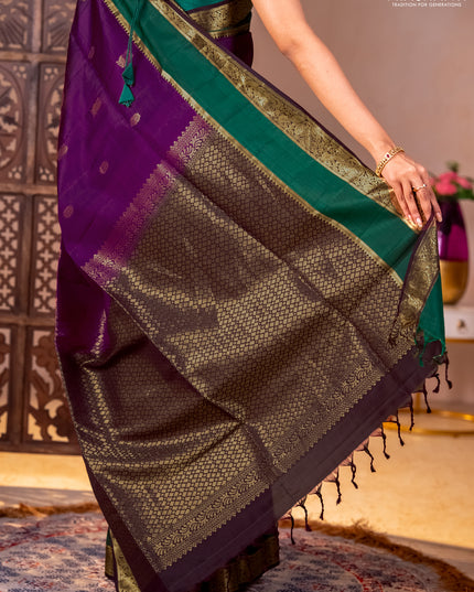 Pure soft silk saree purple and coffee brown green with zari woven buttas and rettepet zari woven border