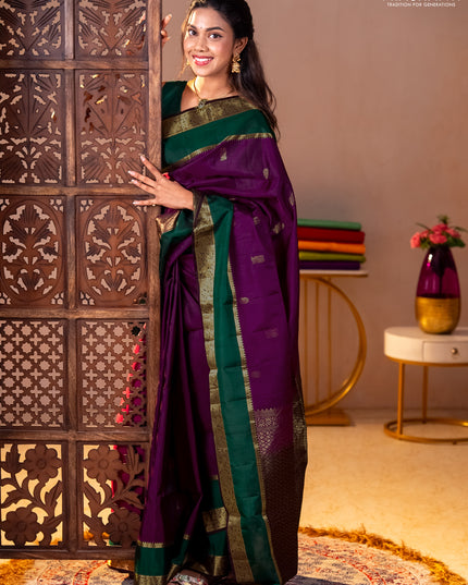 Pure soft silk saree purple and coffee brown green with zari woven buttas and rettepet zari woven border