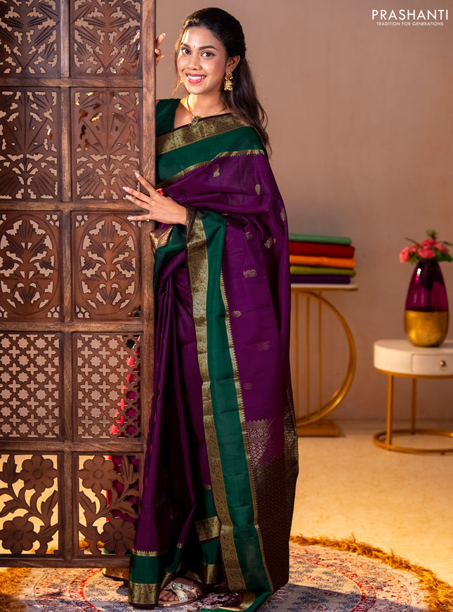 Pure soft silk saree purple and coffee brown green with zari woven buttas and rettepet zari woven border