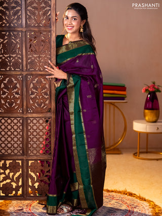 Pure soft silk saree purple and coffee brown green with zari woven buttas and rettepet zari woven border