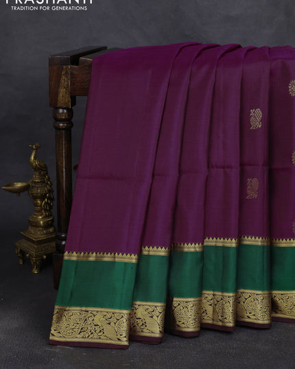 Pure soft silk saree purple and coffee brown green with zari woven buttas and rettepet zari woven border