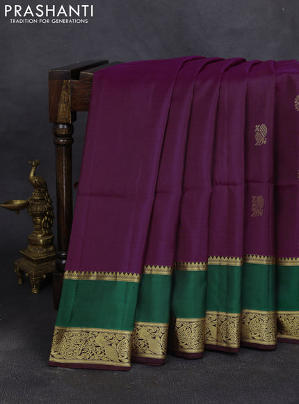 Pure soft silk saree purple and coffee brown green with zari woven buttas and rettepet zari woven border