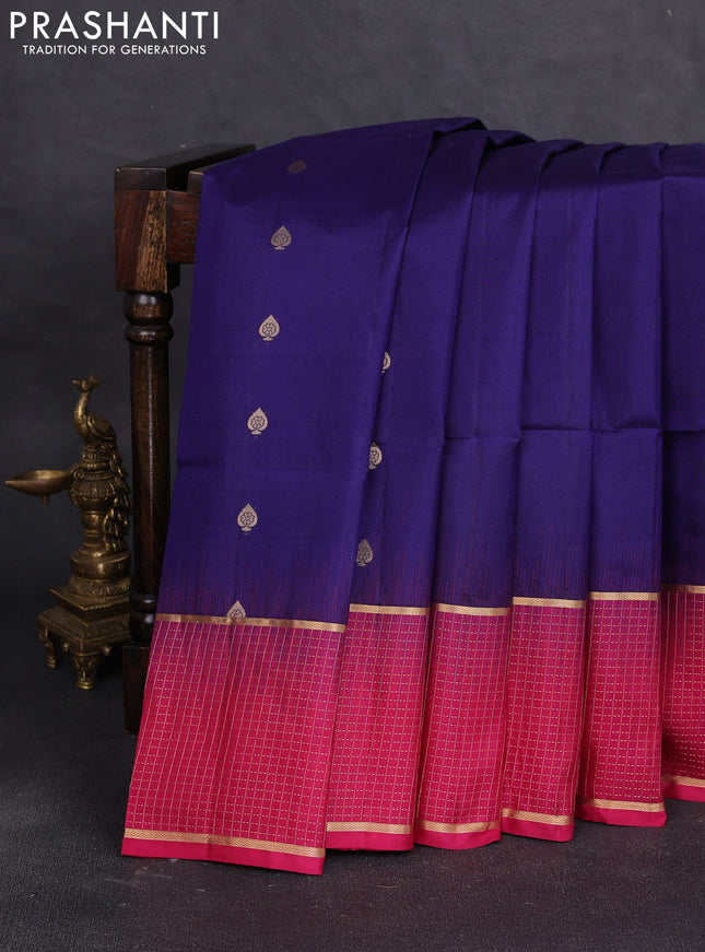 Pure soft silk saree blue and pink with zari woven buttas and zari woven checked border
