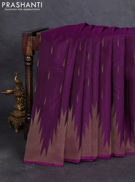 Pure soft silk saree dark magenta pink with allover zari woven buttas and temple design zari woven border