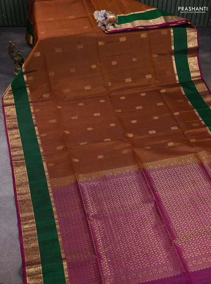Pure soft silk saree dark mustard and magenta pink with zari woven buttas and rettapet zari woven border