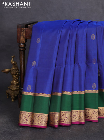 Pure soft silk saree blue and dark magenta pink with zari woven buttas and rettapet zari woven border