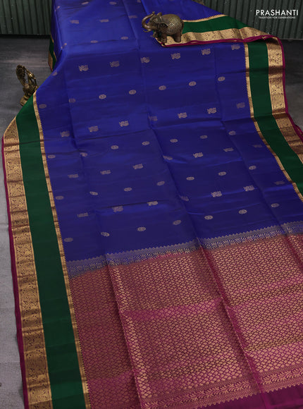 Pure soft silk saree blue and dark magenta pink with zari woven buttas and rettapet zari woven border