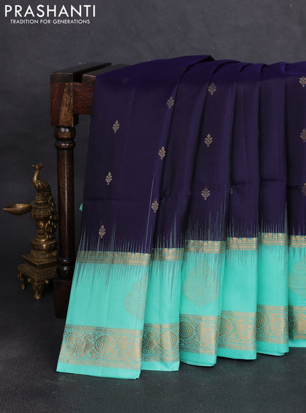 Pure soft silk saree navy blue and teal blue with zari woven buttas and long zari woven butta border