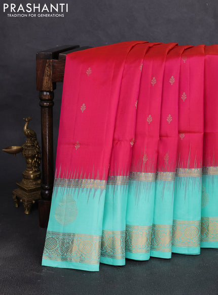 Pure soft silk saree pink and teal blue with zari woven buttas and long zari woven butta border