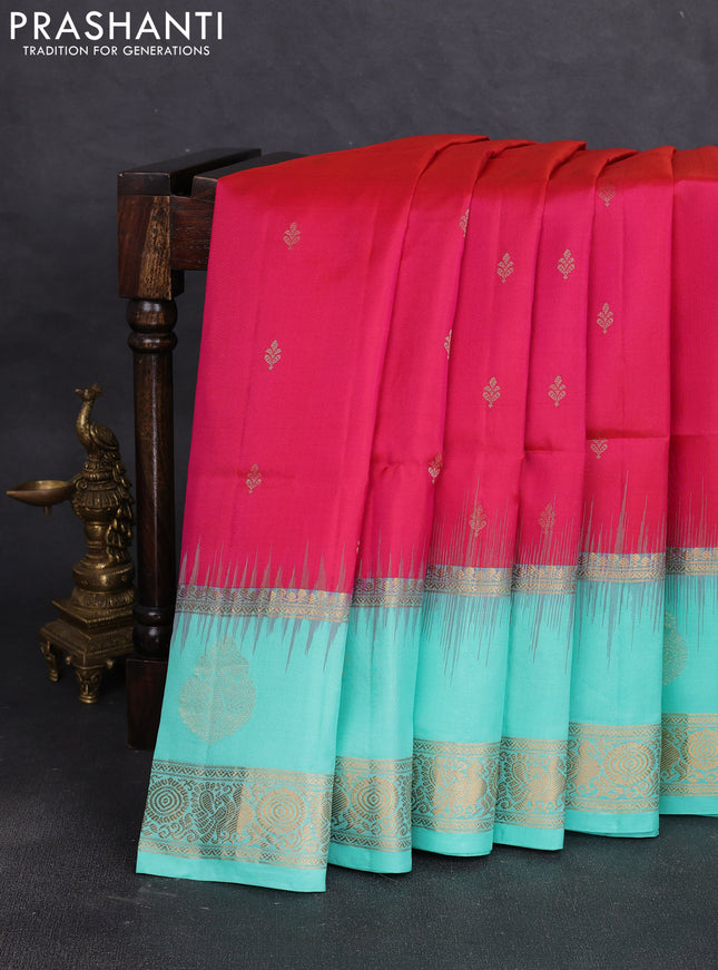 Pure soft silk saree pink and teal blue with zari woven buttas and long zari woven butta border