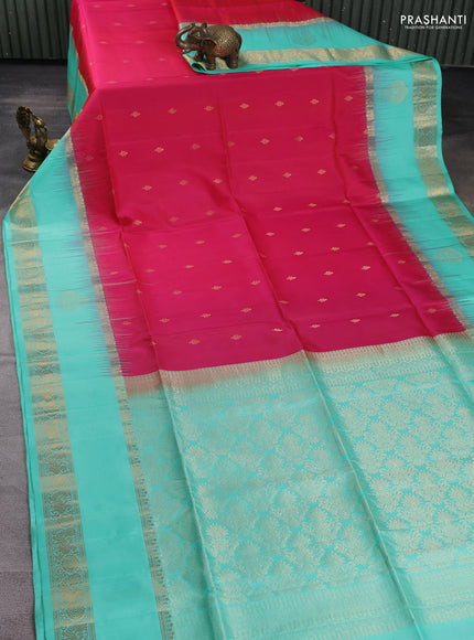 Pure soft silk saree pink and teal blue with zari woven buttas and long zari woven butta border