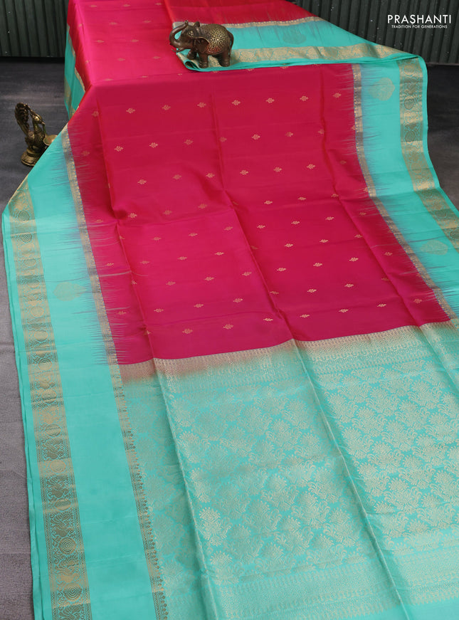 Pure soft silk saree pink and teal blue with zari woven buttas and long zari woven butta border
