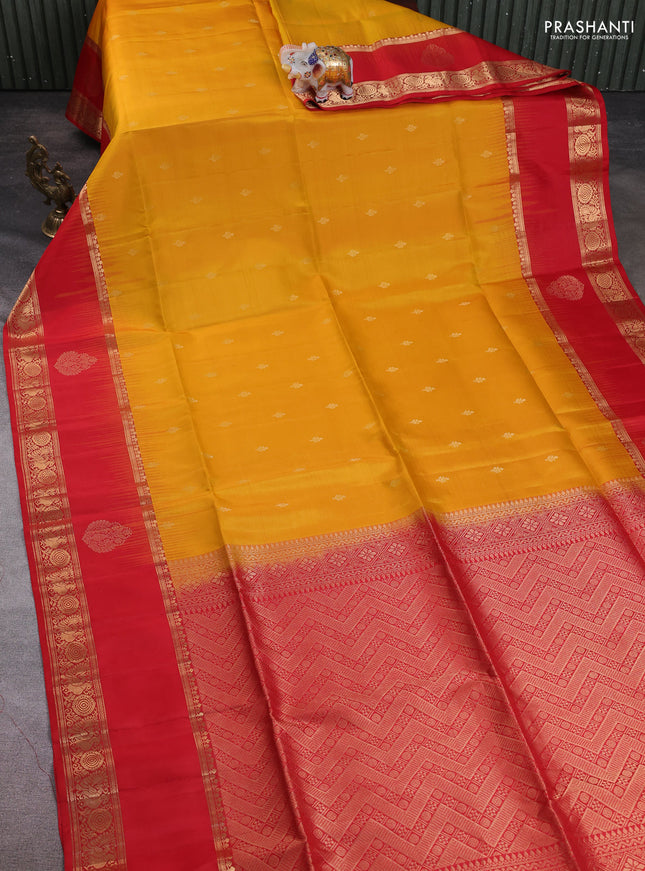 Pure soft silk saree yellow and red with zari woven buttas and long zari woven butta border