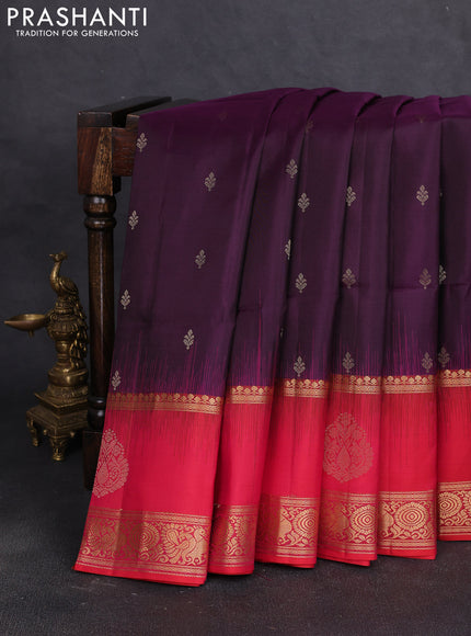 Pure soft silk saree deep purple and dual shade of pinkish orange with zari woven buttas and long zari woven butta border