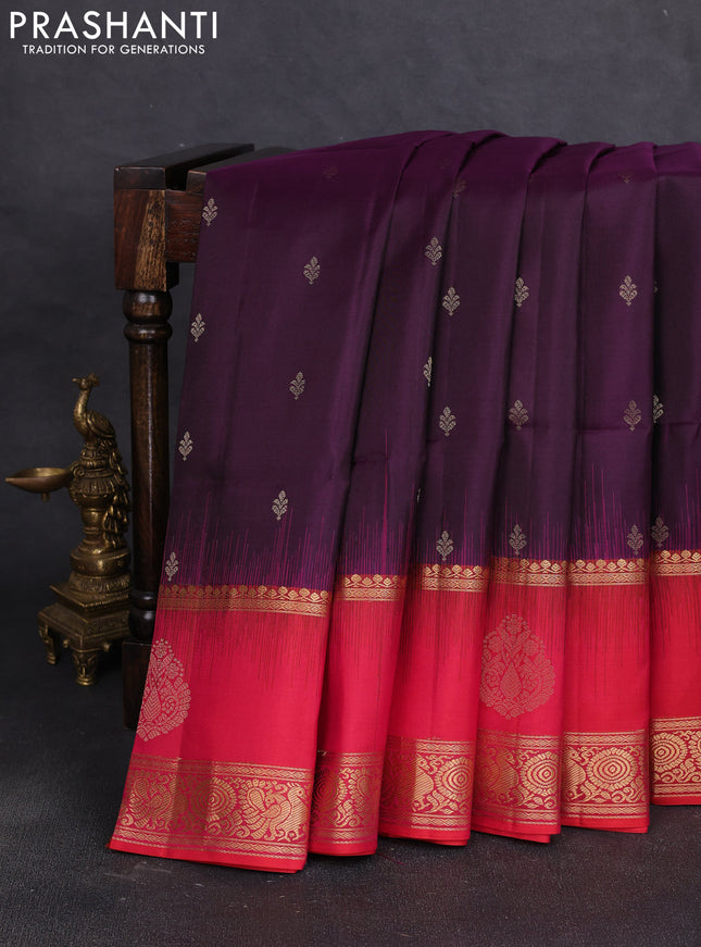 Pure soft silk saree deep purple and dual shade of pinkish orange with zari woven buttas and long zari woven butta border