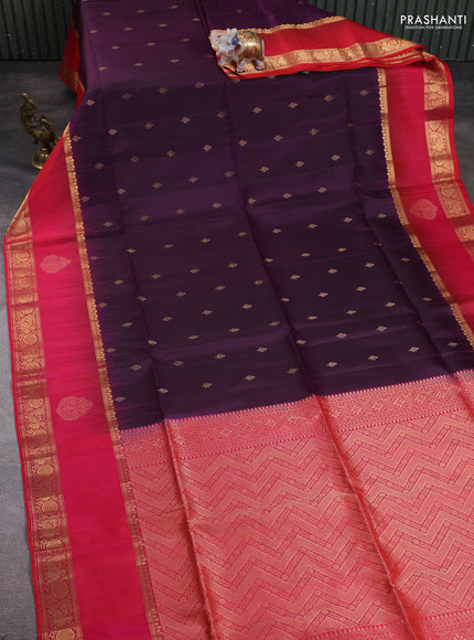 Pure soft silk saree deep purple and dual shade of pinkish orange with zari woven buttas and long zari woven butta border