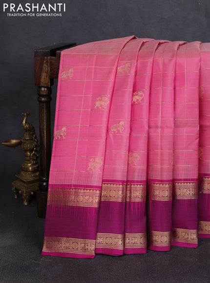 Pure soft silk saree light pink and dark magenta pink with allover zari checked & buttas and rettapet zari woven border