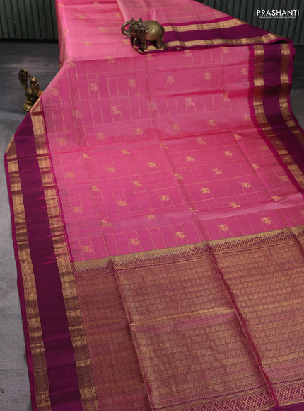 Pure soft silk saree light pink and dark magenta pink with allover zari checked & buttas and rettapet zari woven border