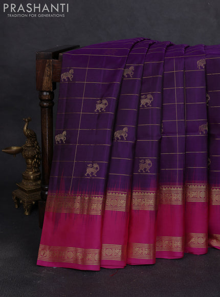 Pure soft silk saree purple and pink with allover zari checked & buttas and rettapet zari woven border