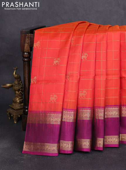 Pure soft silk saree orange and piurple with allover zari checked & buttas and rettapet zari woven border