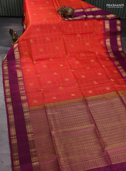 Pure soft silk saree orange and piurple with allover zari checked & buttas and rettapet zari woven border