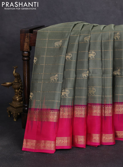 Pure soft silk saree greyish green and pink with allover zari checked & buttas and rettapet zari woven border