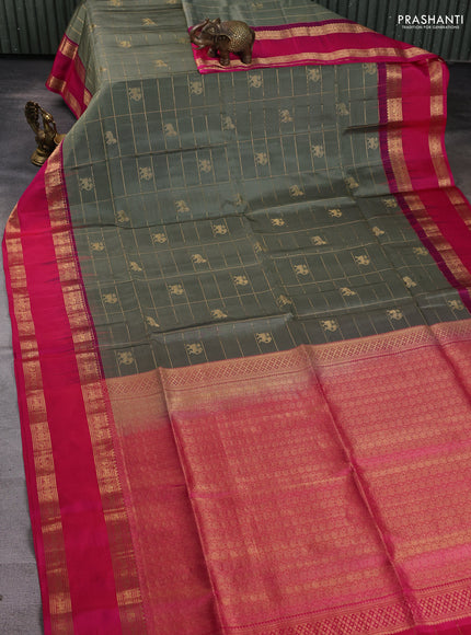 Pure soft silk saree greyish green and pink with allover zari checked & buttas and rettapet zari woven border