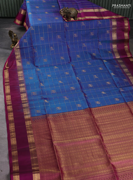 Pure soft silk saree dual shade of blue and dark magenta pink with allover zari checked & buttas and rettapet zari woven border