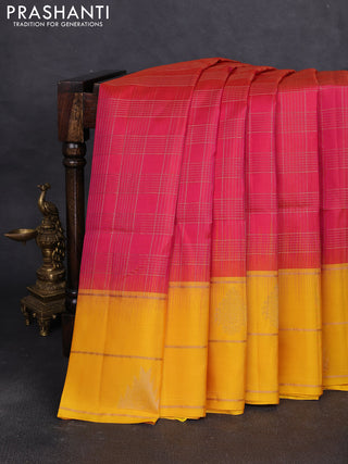 Pure soft silk saree pink and yellow with allover zari woven checked pattern and long zari woven border