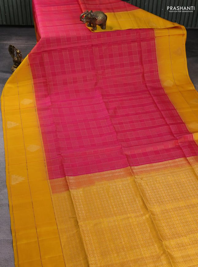 Pure soft silk saree pink and yellow with allover zari woven checked pattern and long zari woven border