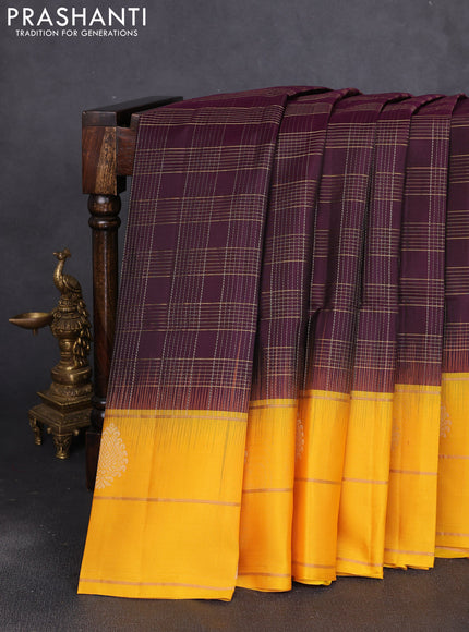Pure soft silk saree deep wine and yellow with allover zari checked pattern and temple zari woven border