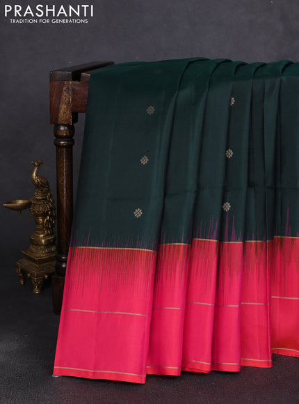 Pure soft silk saree bottle green and peach pink with zari woven buttas and elephant zari woven border