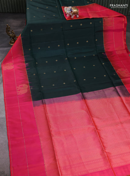 Pure soft silk saree bottle green and peach pink with zari woven buttas and elephant zari woven border