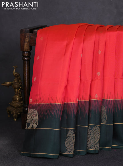Pure soft silk saree peach pink and bottle green with zari woven buttas and annam zari woven border