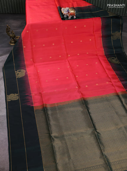 Pure soft silk saree peach pink and bottle green with zari woven buttas and annam zari woven border