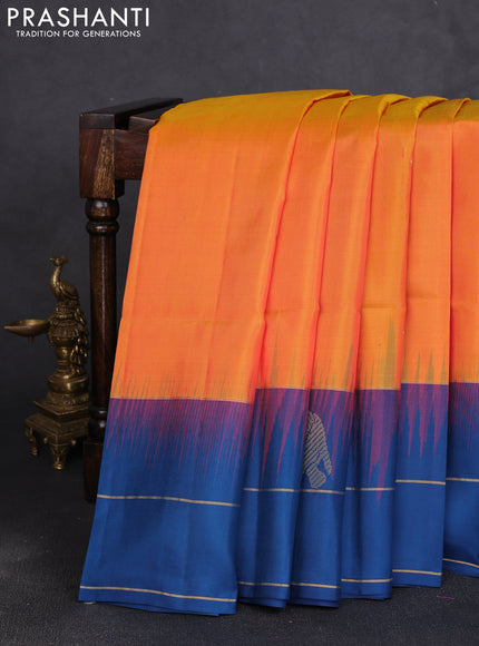 Pure soft silk saree sunset orange and peacock blue with zari woven buttas and annam zari woven border