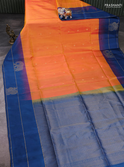 Pure soft silk saree sunset orange and peacock blue with zari woven buttas and annam zari woven border