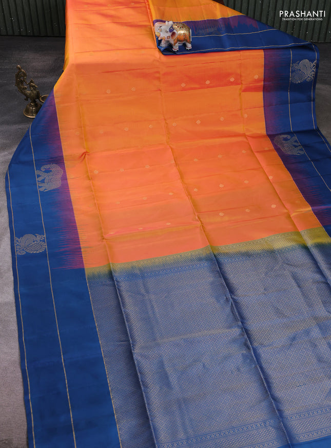 Pure soft silk saree sunset orange and peacock blue with zari woven buttas and annam zari woven border