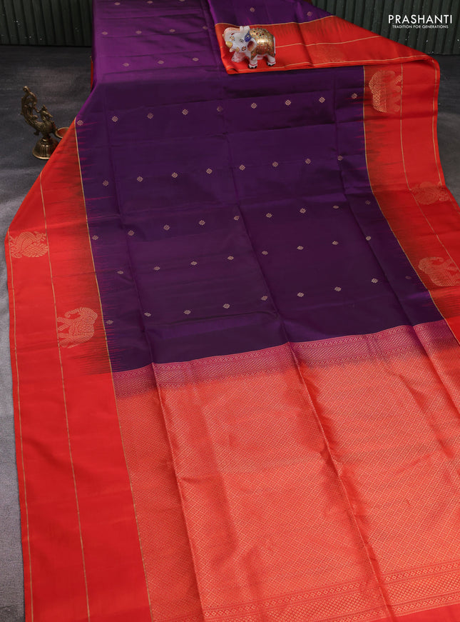 Pure soft silk saree purple and orange with zari woven buttas and elephant zari woven butta border